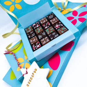 Square box of christmas themed chocolates