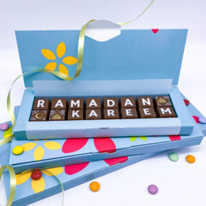 A box of chocolates with the message Ramadan Kareem spelled out in milk chocolate.