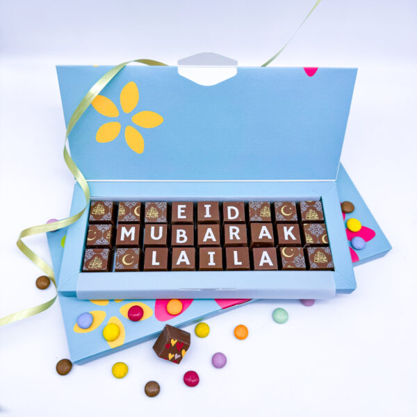 A box of solid milk chocolate blocks that spell out the message Eid Mubarak Laila. Can be personalised with the name of your choice.