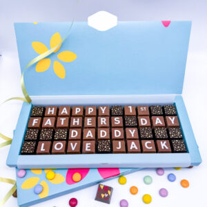 Personalised box of chocolates that read Happy First Fathers Day
