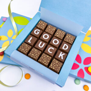 A box of solid milk chocolate blocks that spell out the words Good Luck. Can be personalised with a special message on the inside of the lid.