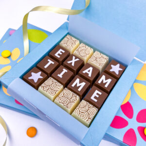 A box of solid milk and white chocolate blocks that spell out the words Exam Time. Can be personalised with a special message on the inside of the lid.
