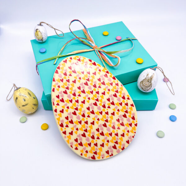 White Chocolate Easter Egg with hearts decoration